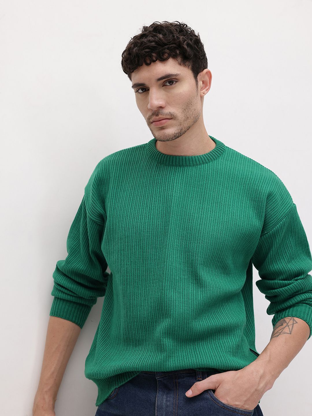 roadster Men Striped Round Neck Green Sweater-picture-24
