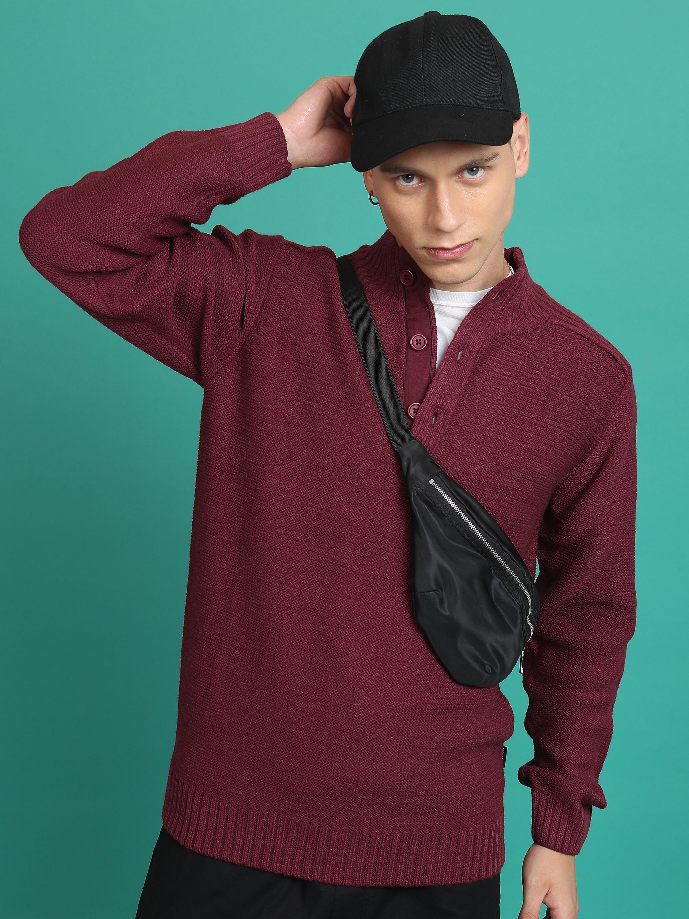 highlander Men Solid High Neck Maroon Sweater-picture-33