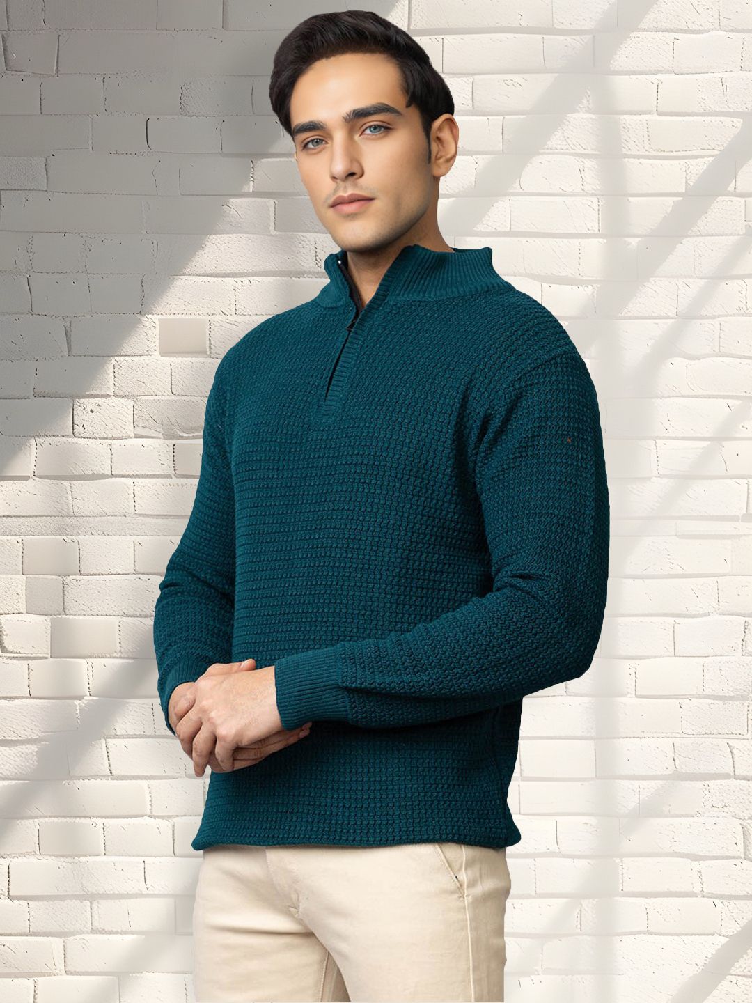 tysort Men Striped Mandarin Neck Dark Green Sweater-picture-16