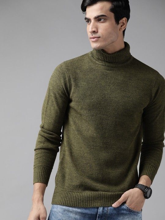 Men Solid Turtle Neck Green Sweater-image-30