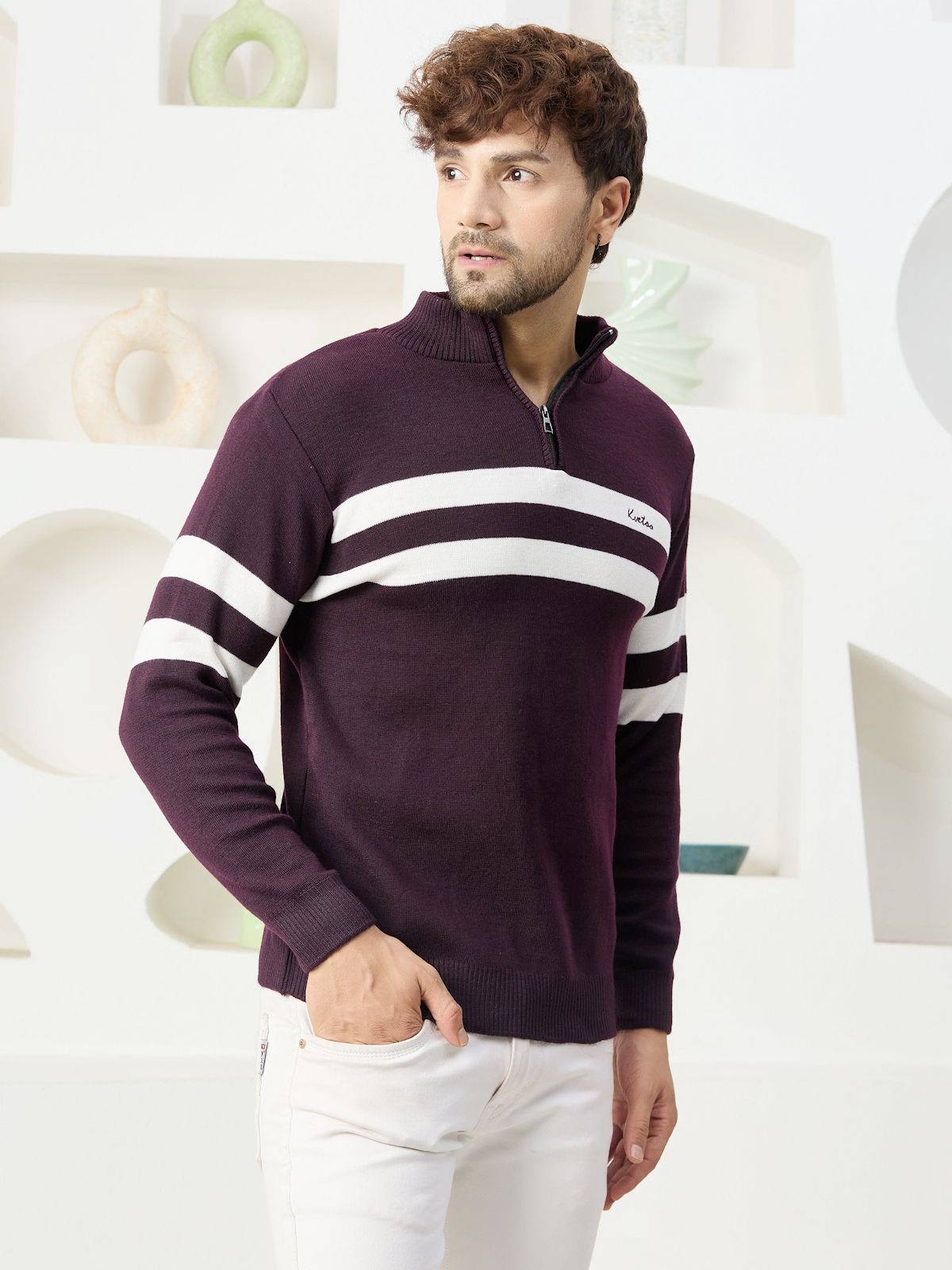 kvetoo Men Woven High Neck Purple Sweater-picture-14