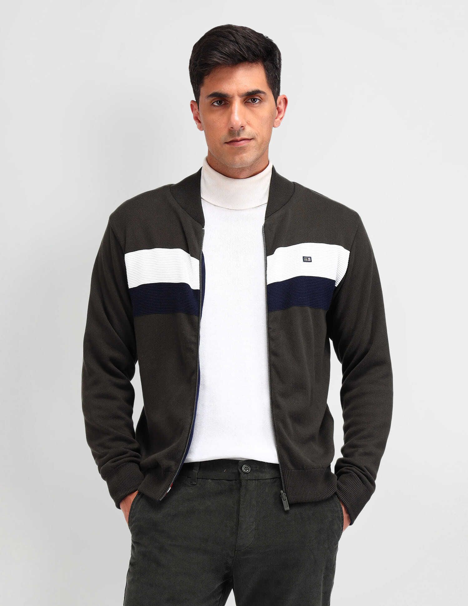 arrow sport Men Colorblock Collared Neck Green Sweater-picture-11