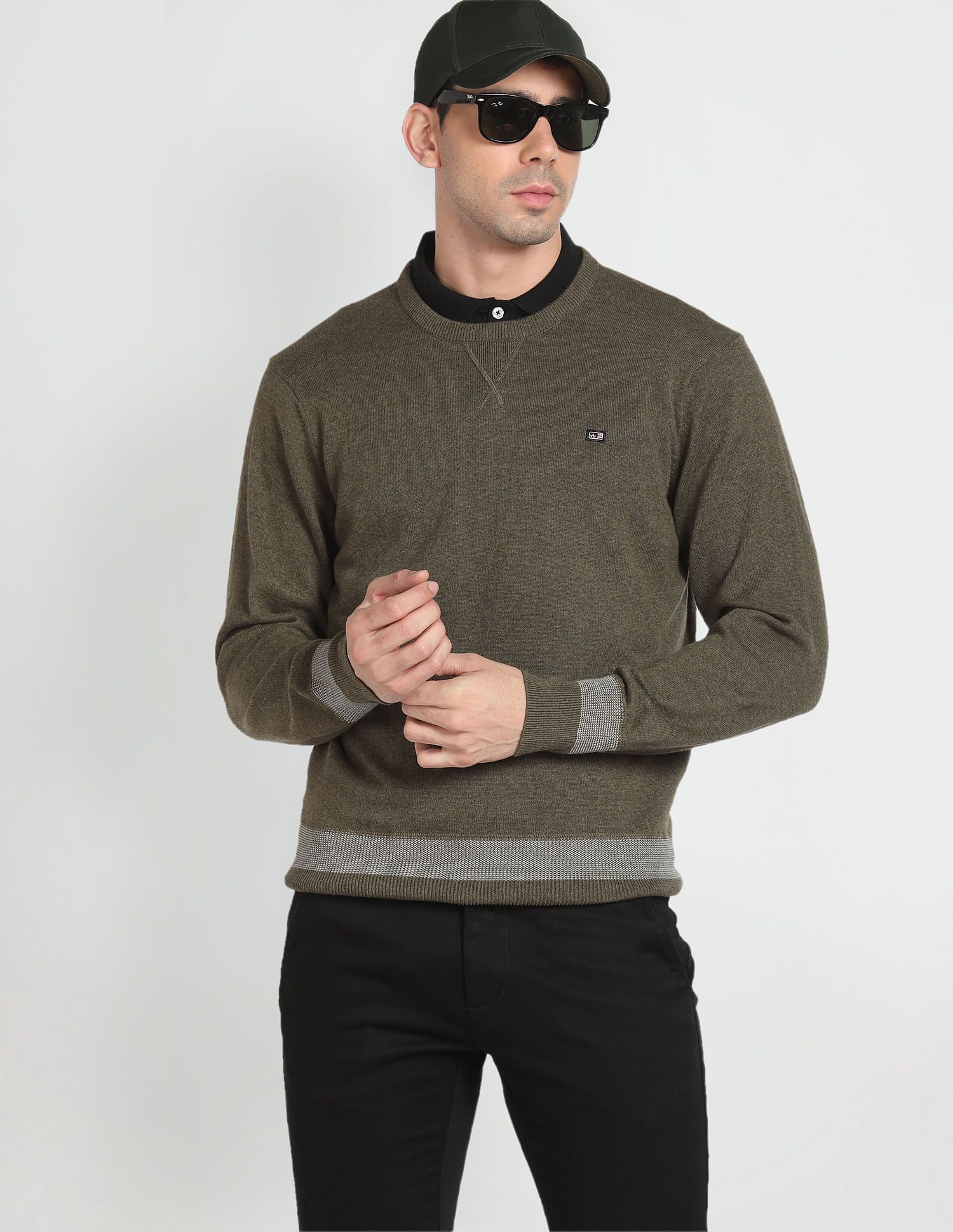 arrow sport Men Self Design Crew Neck Green Sweater-picture-12