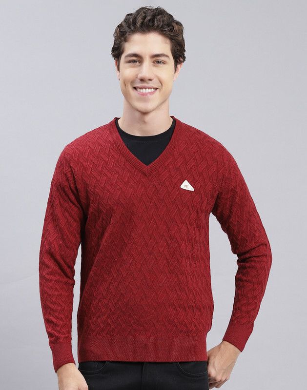 monte carlo Men Self Design V Neck Maroon Sweater-picture-11