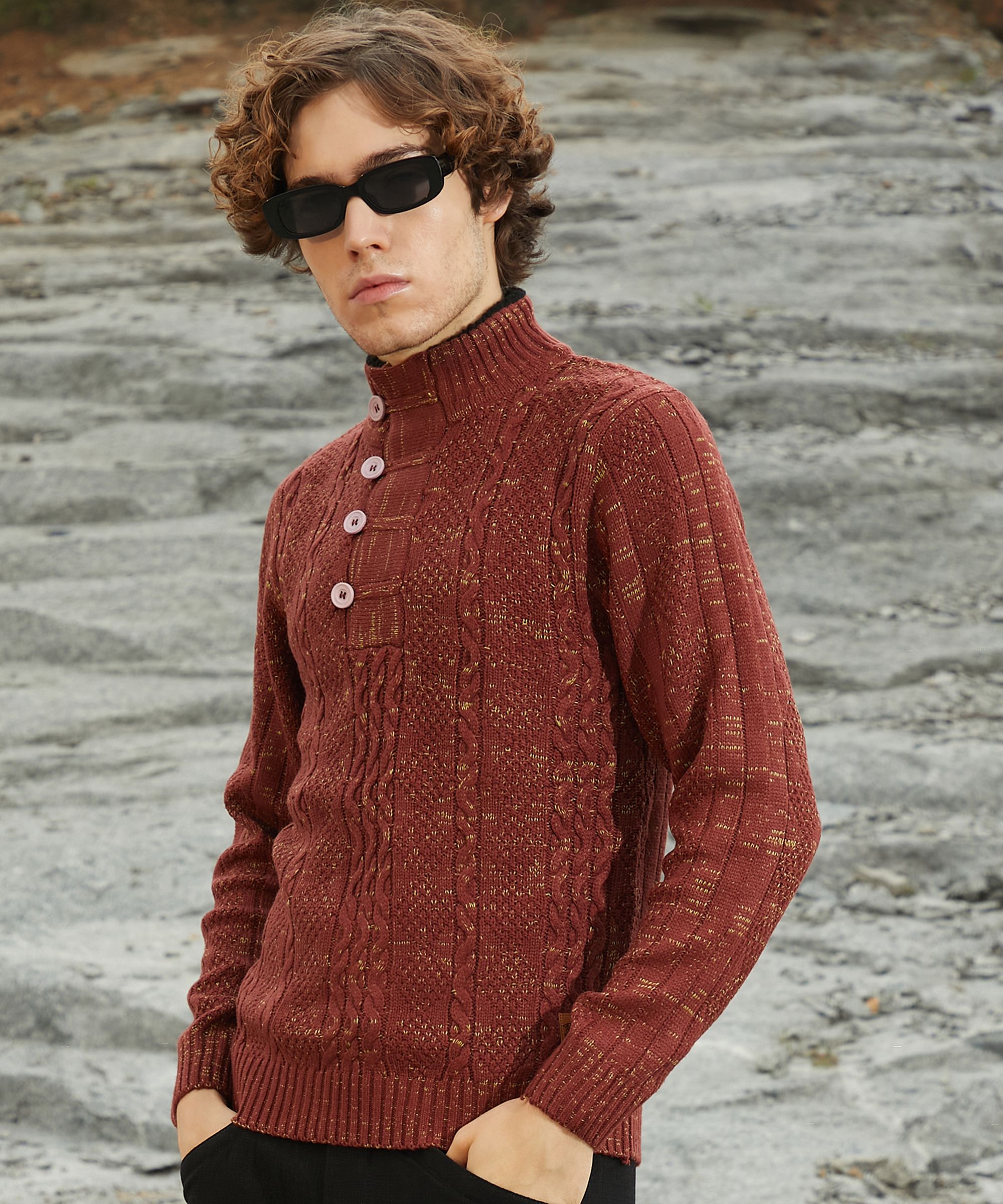 cahoot Men Self Design High Neck Brown Sweater-picture-20