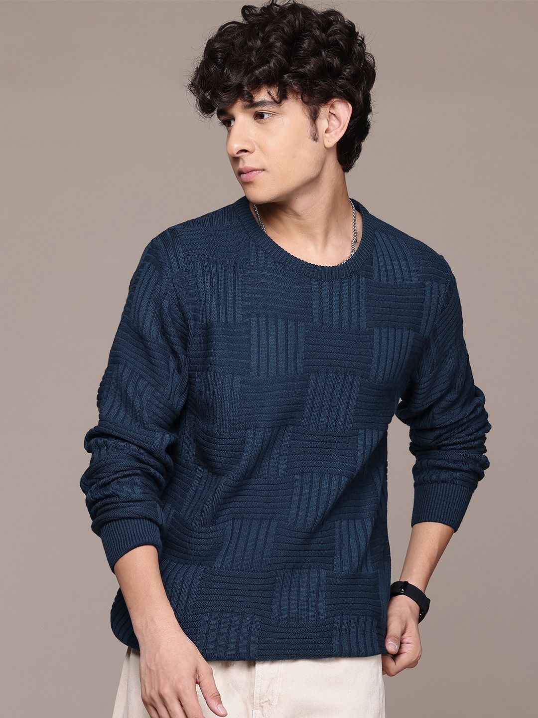 roadster Men Self Design Round Neck Blue Sweater-picture-12