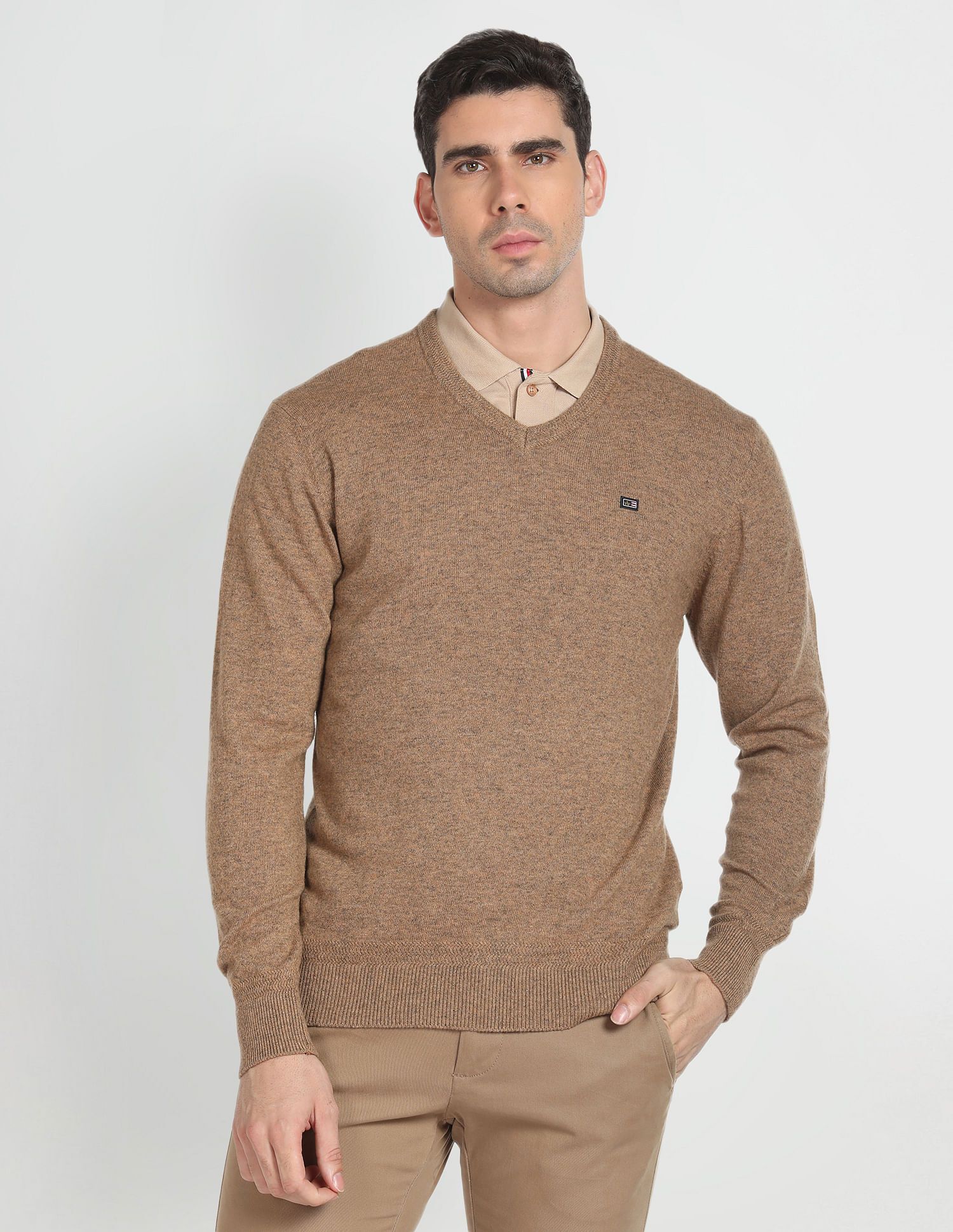 arrow sport Men Self Design Crew Neck Brown Sweater-picture-11