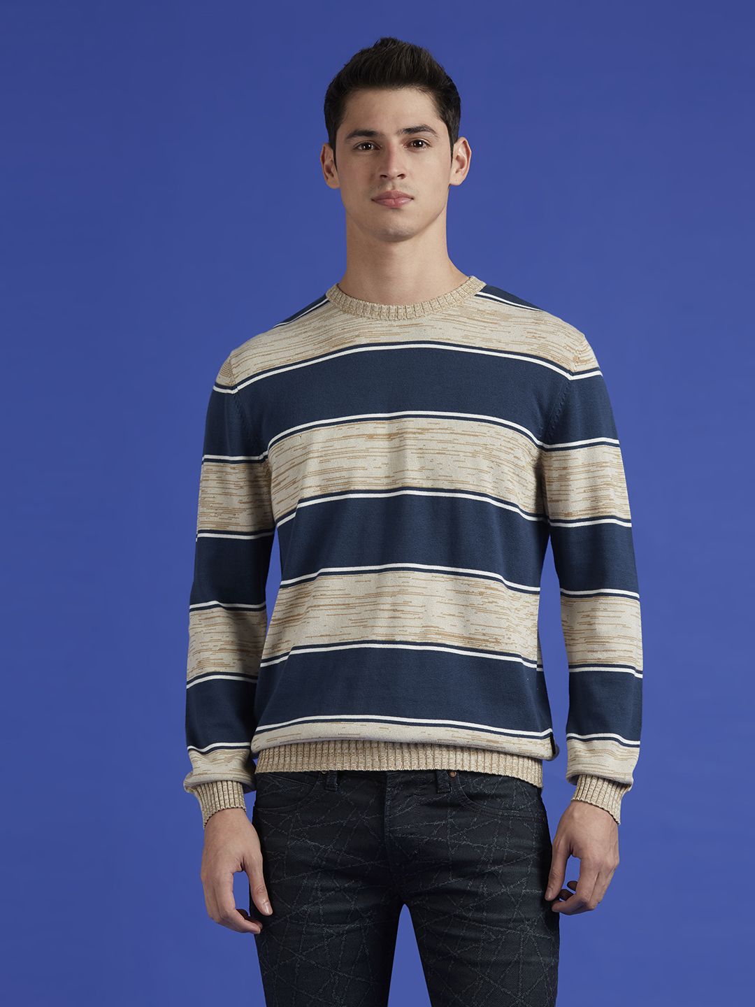 Men Striped Crew Neck Blue, Beige Sweater-image-29