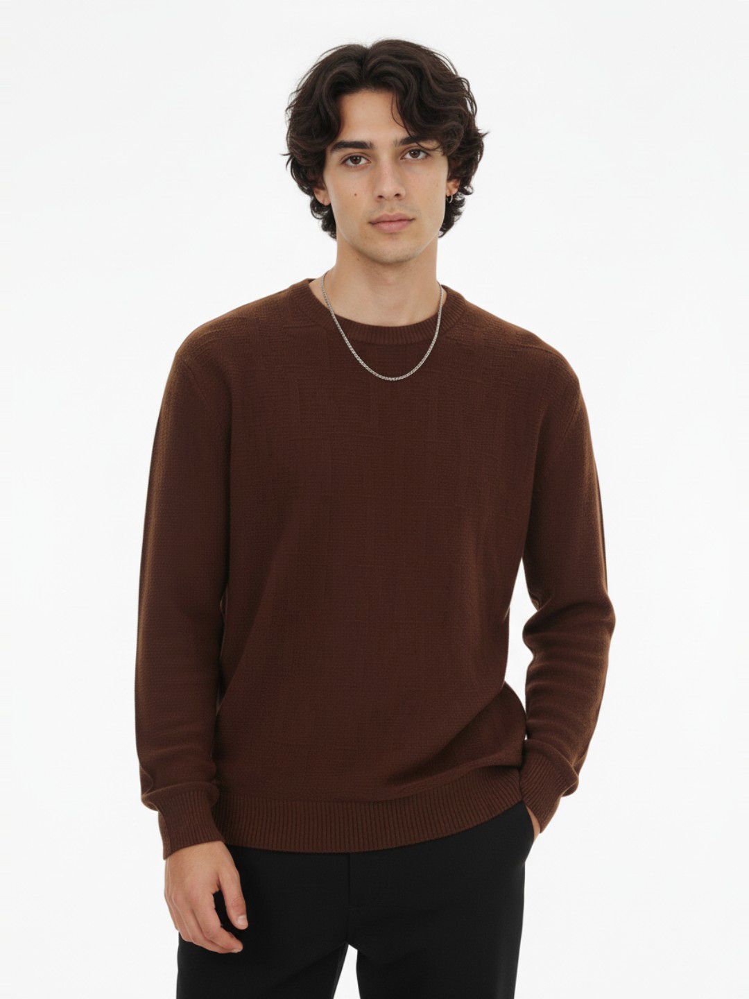 glitchez Men Self Design Round Neck Brown Sweater-picture-11