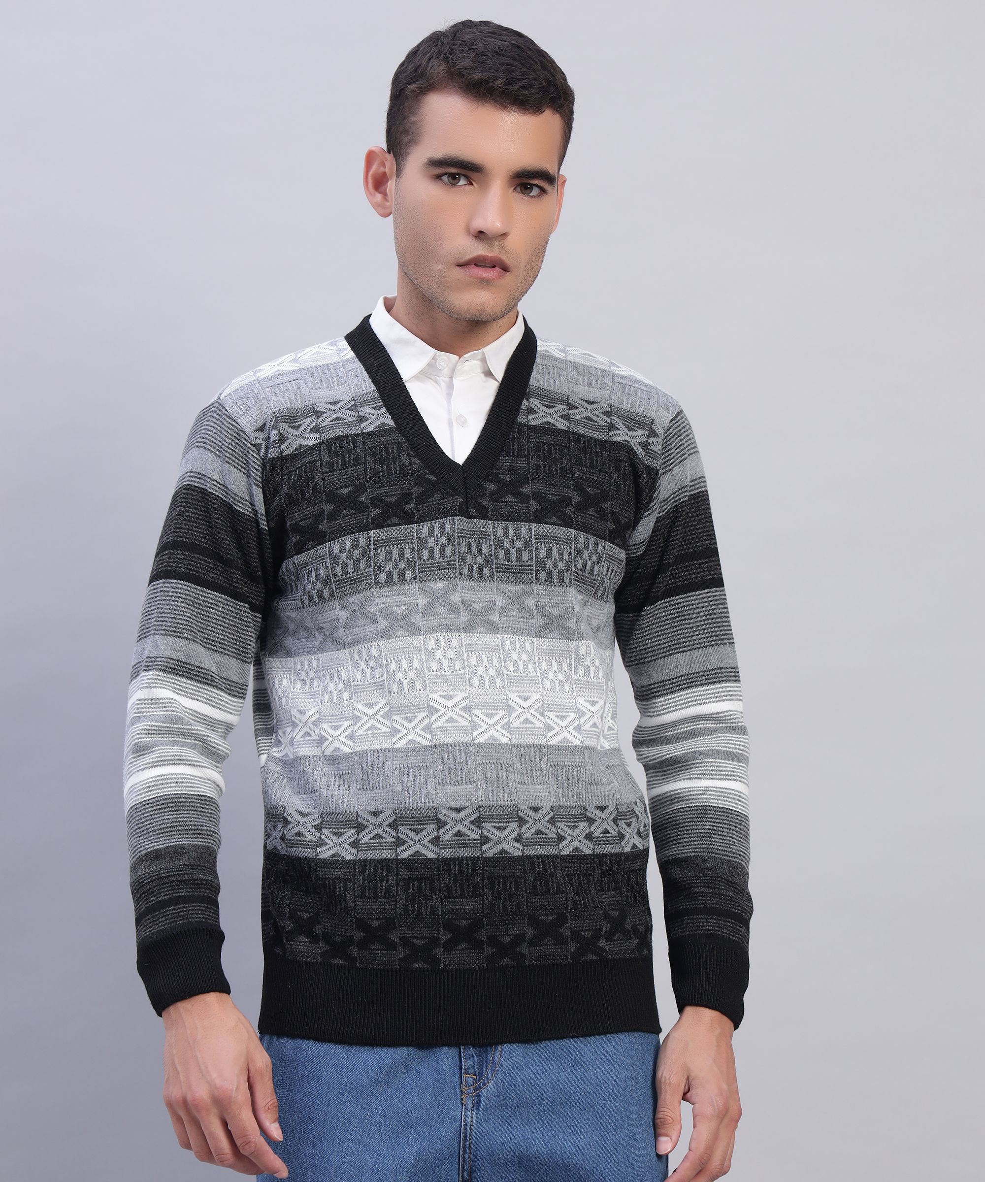 Men Woven V Neck Black Sweater-image-43