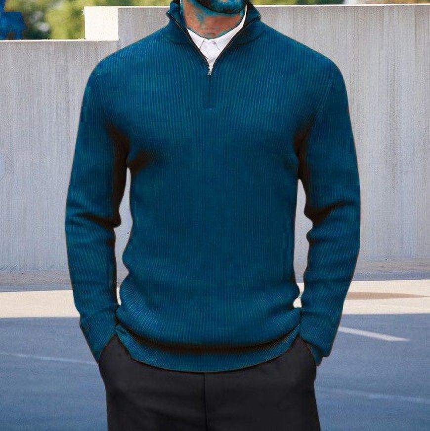 Men Solid Collared Neck Blue Sweater