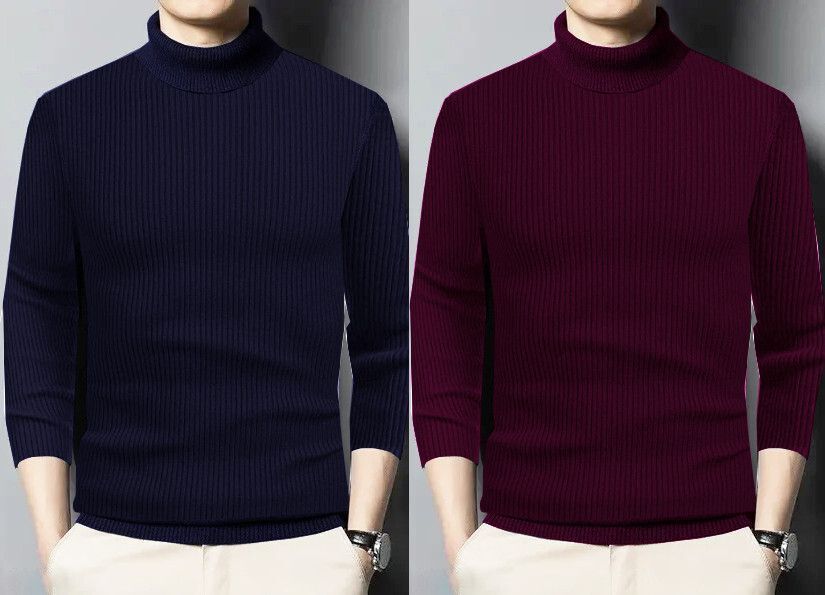 houseofcommon Men Solid High Neck Purple, Blue Sweater-picture-19