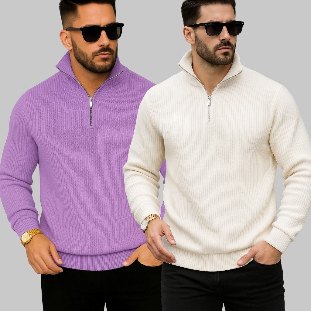 azizan Men Solid Collared Neck White, Purple Sweater-picture-18