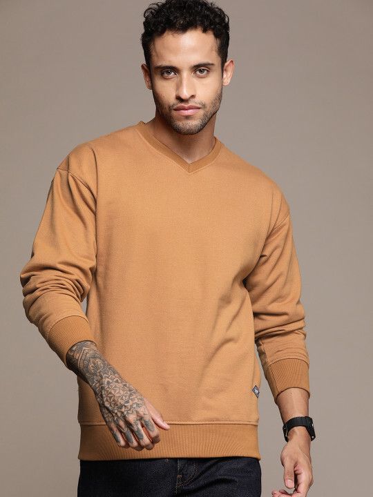 roadster Men Solid V Neck Brown Sweater-picture-10