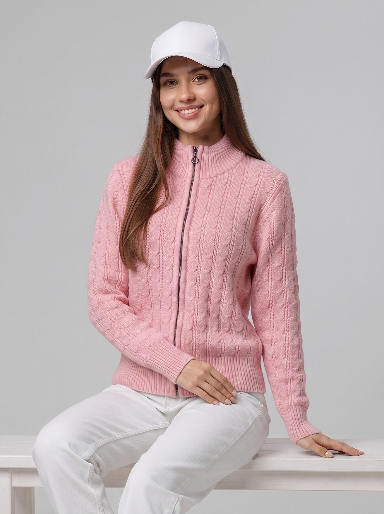 Women Self Design High Neck Pink Sweater-image-36