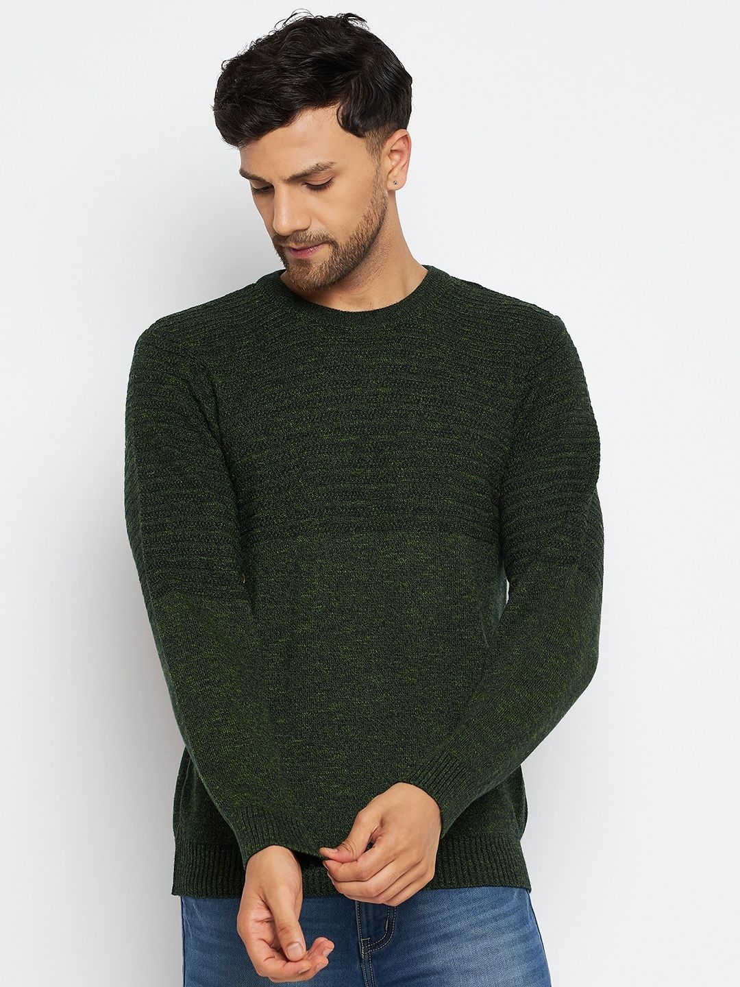 duke Men Self Design Round Neck Green Sweater-picture-12