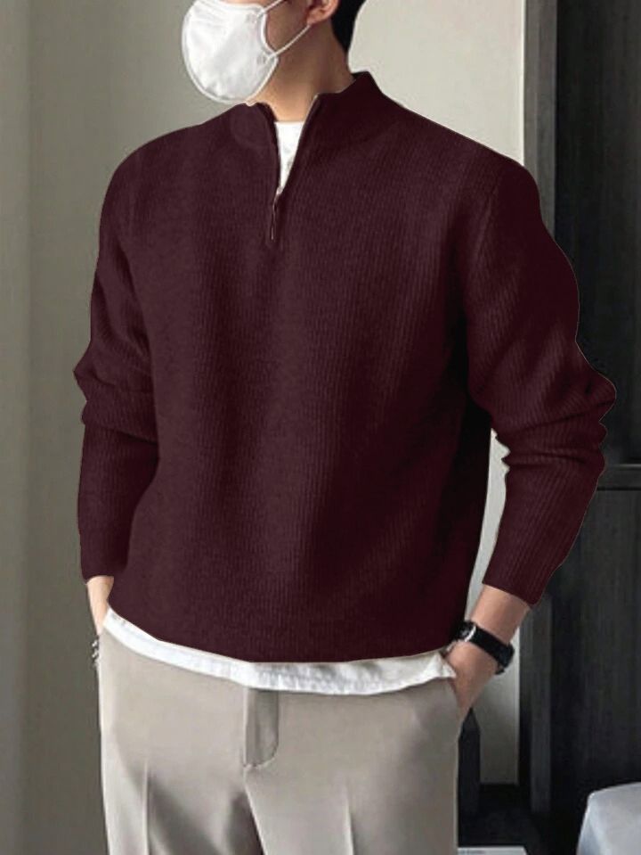 Men Self Design High Neck Maroon Sweater-image-39