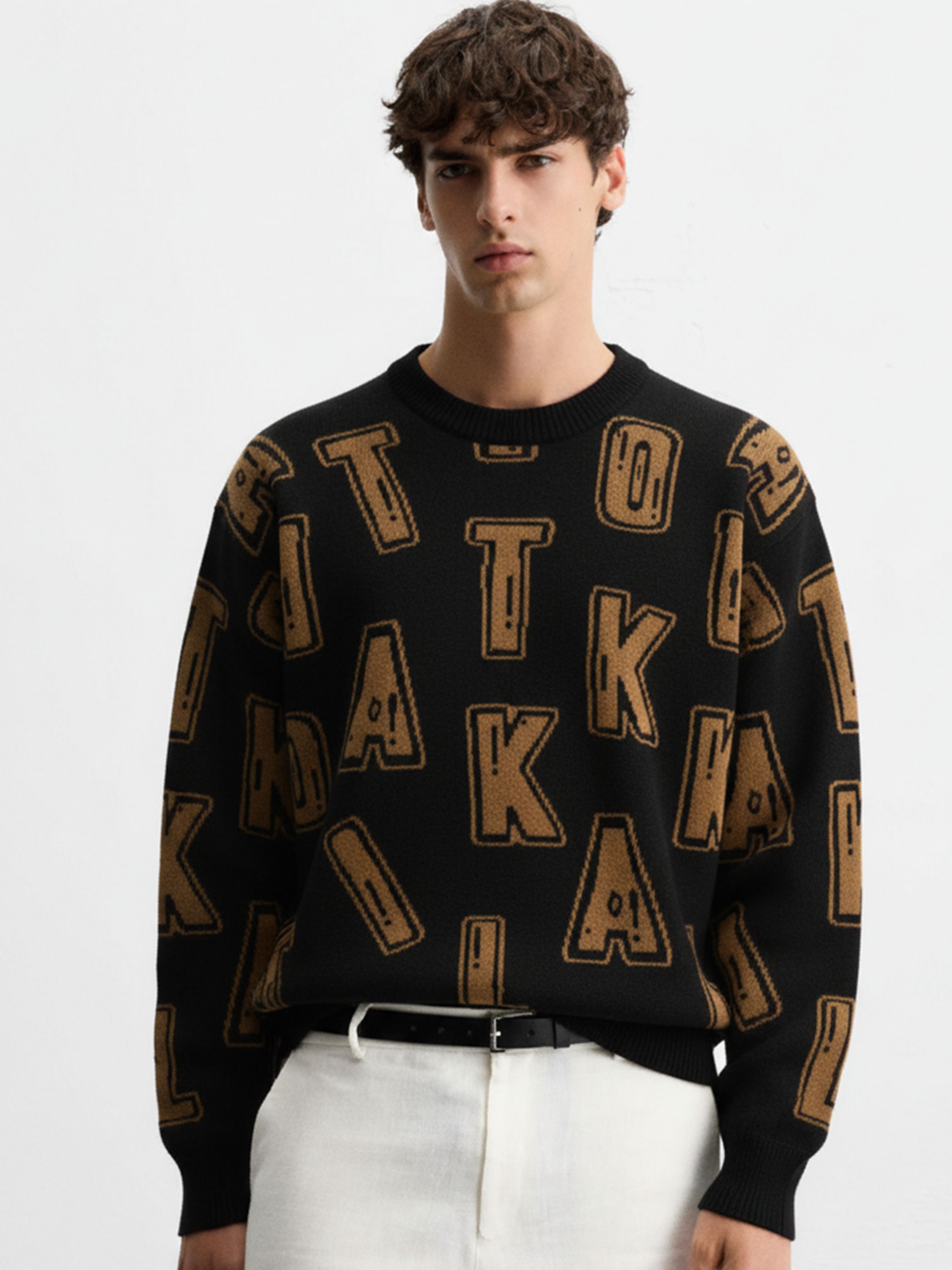 Men Printed Round Neck Black Sweater-image-1