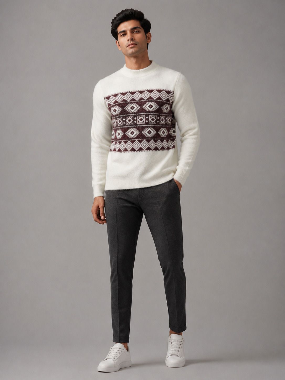 heteshe Men Self Design Round Neck Maroon Sweater-picture-30