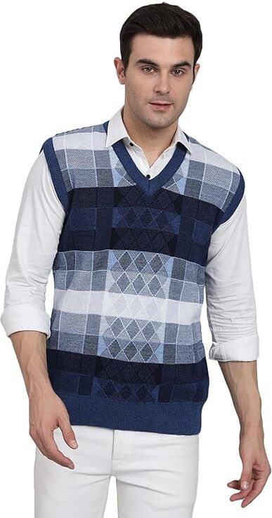 muskan knitwear Men Checkered V Neck Blue, Grey Sweater-picture-13