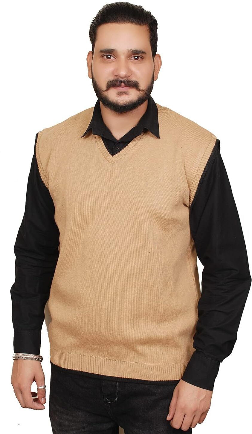 kay bee Men Solid V Neck Beige Sweater-picture-11