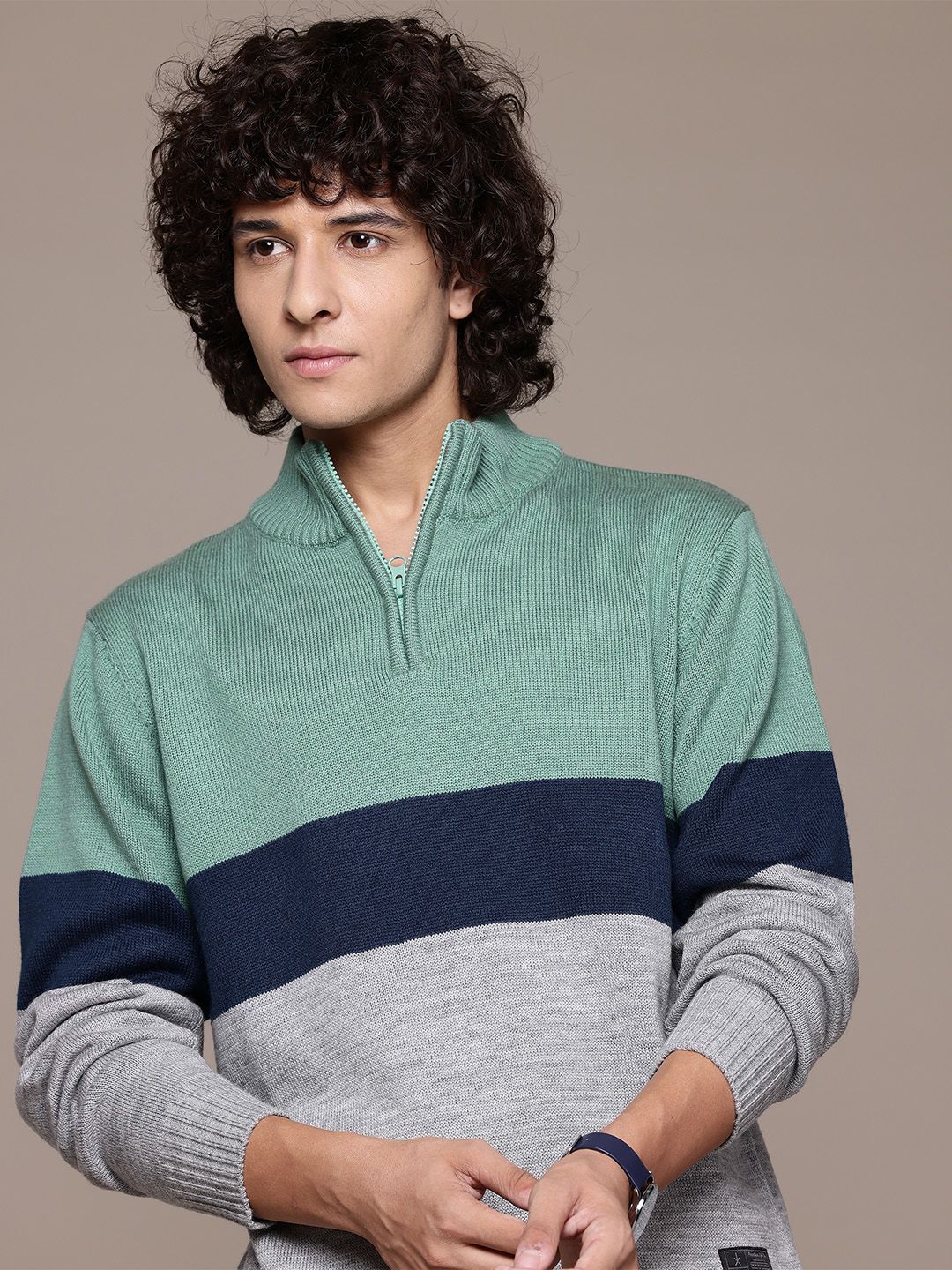 roadster Men Colorblock High Neck Green Sweater-picture-15