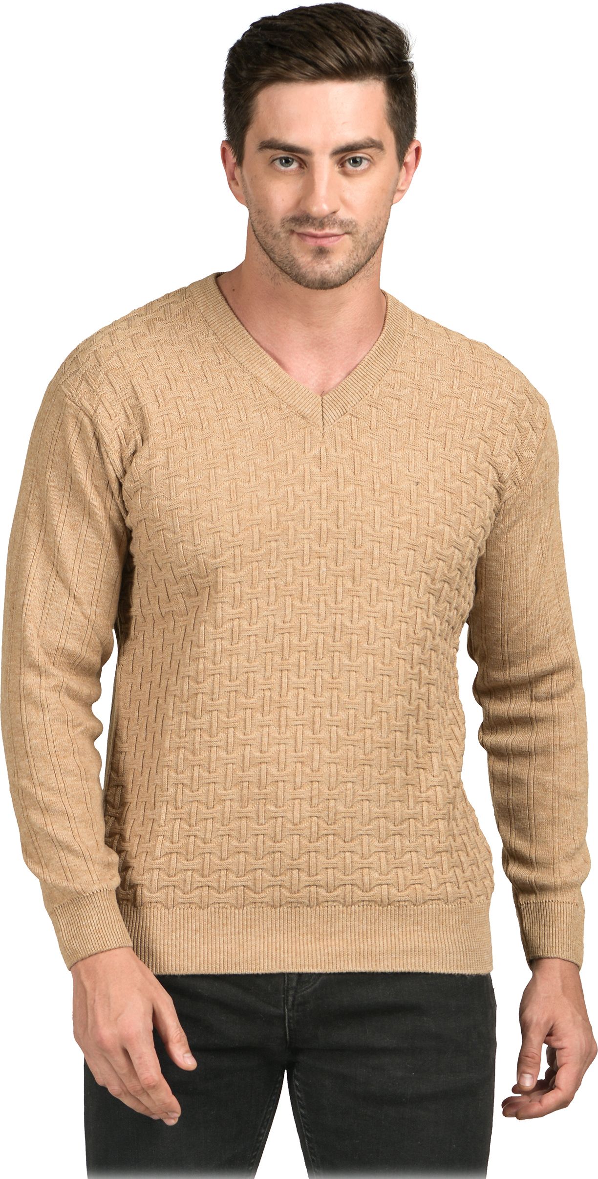 nico wesley Men Self Design V Neck Brown Sweater-picture-21