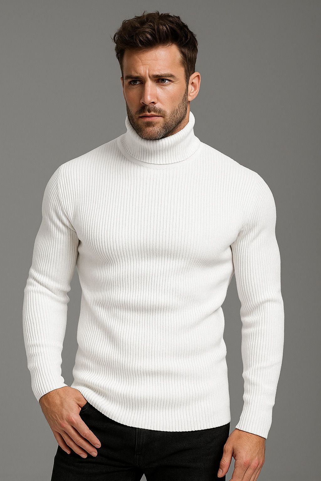Men Self Design High Neck White Sweater