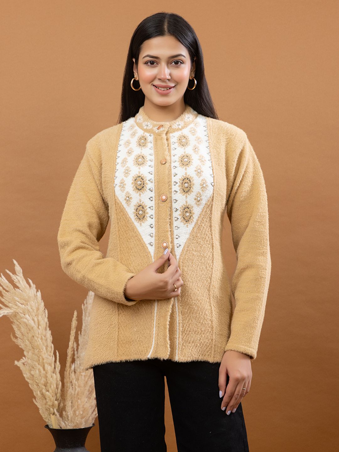 tanisha fashion Women Self Design Mandarin Neck Beige Sweater-picture-5