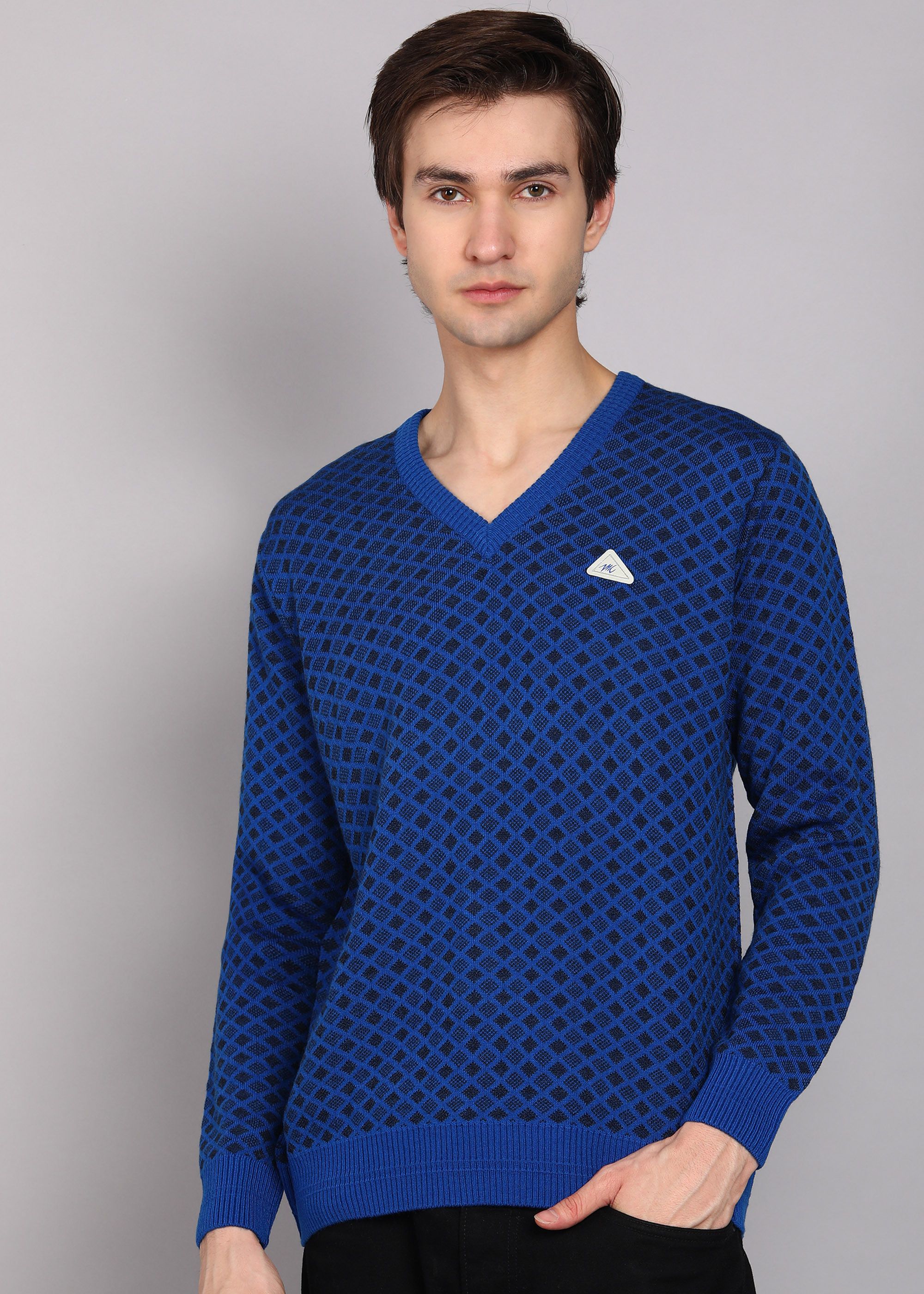 Men Self Design V Neck Blue Sweater-image-1