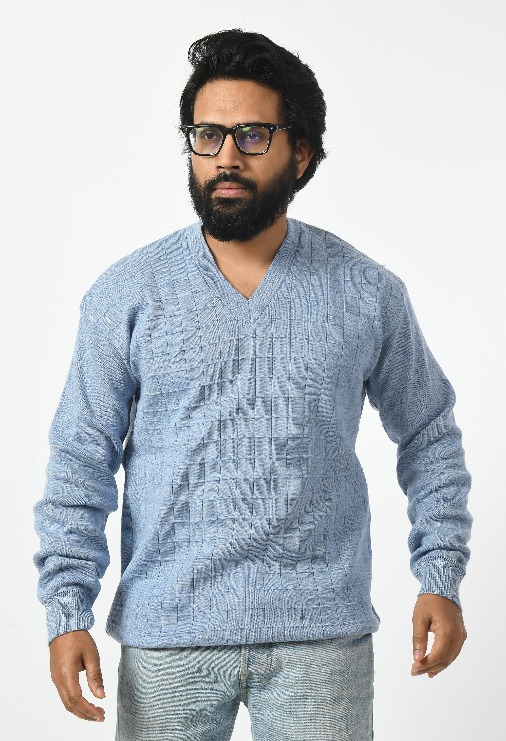 manra Men Self Design V Neck Light Blue Sweater-picture-10