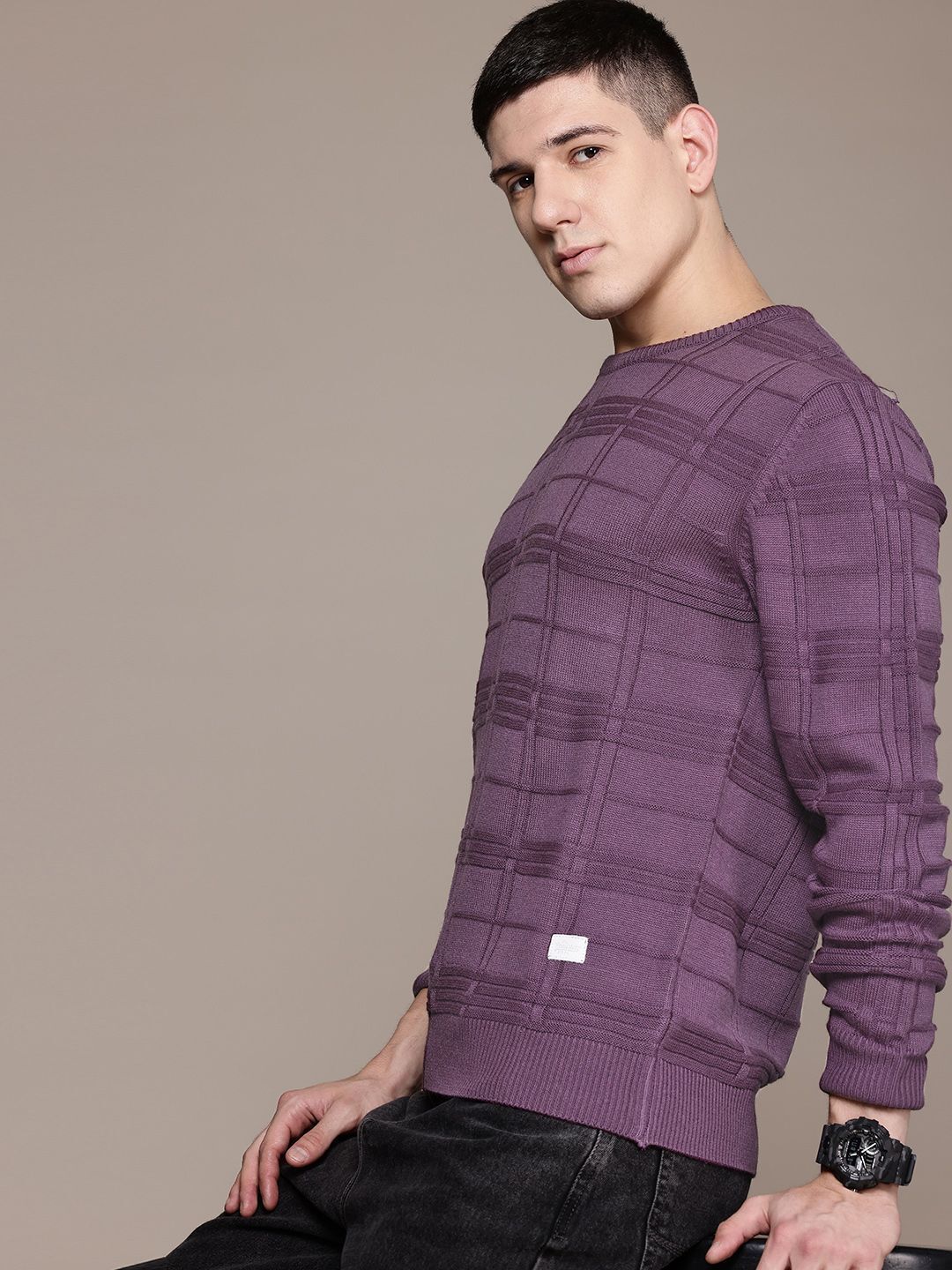 roadster Men Checkered Round Neck Purple Sweater-picture-19