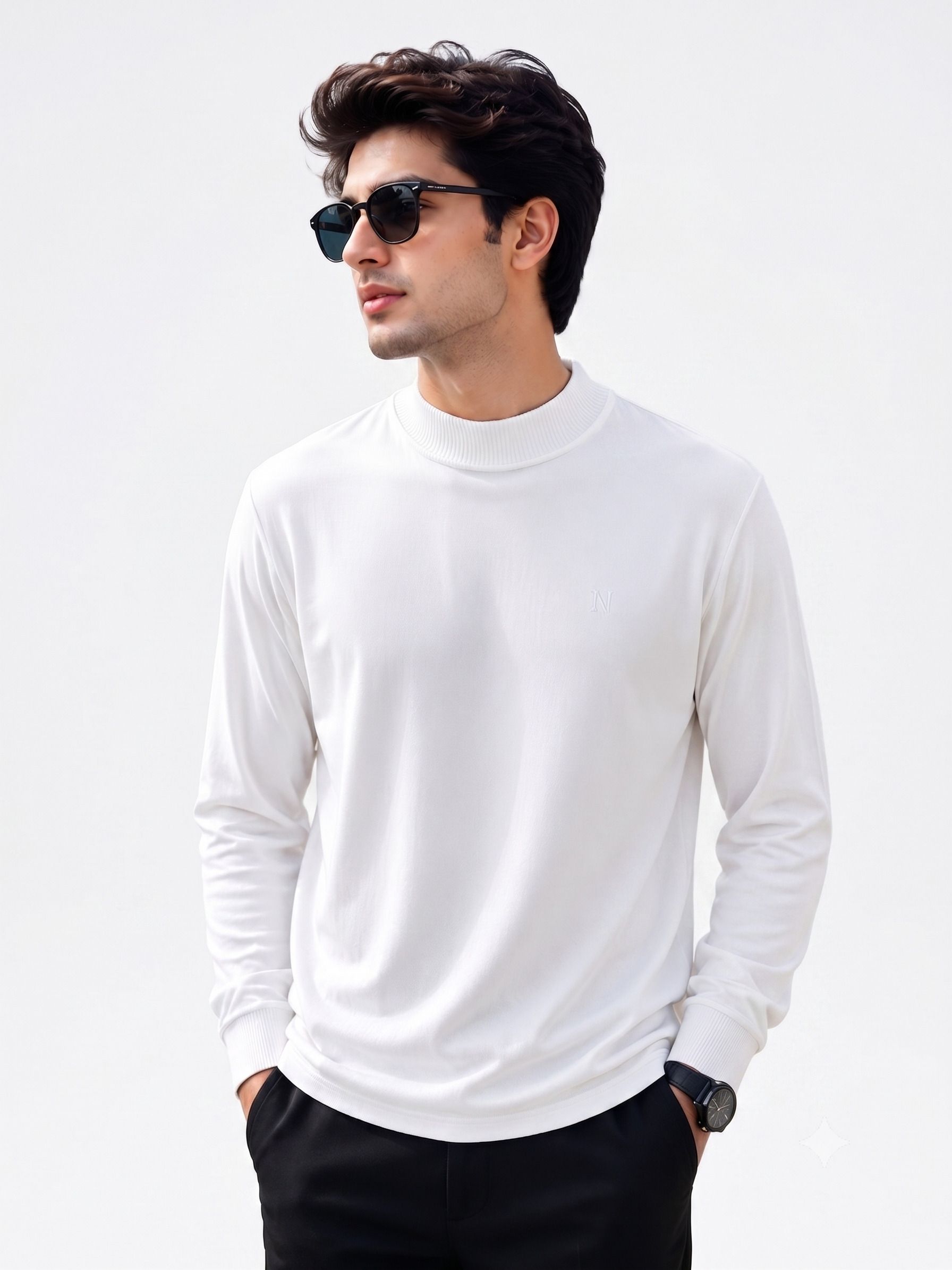 mno Men Solid Turtle Neck White Sweater-picture-36