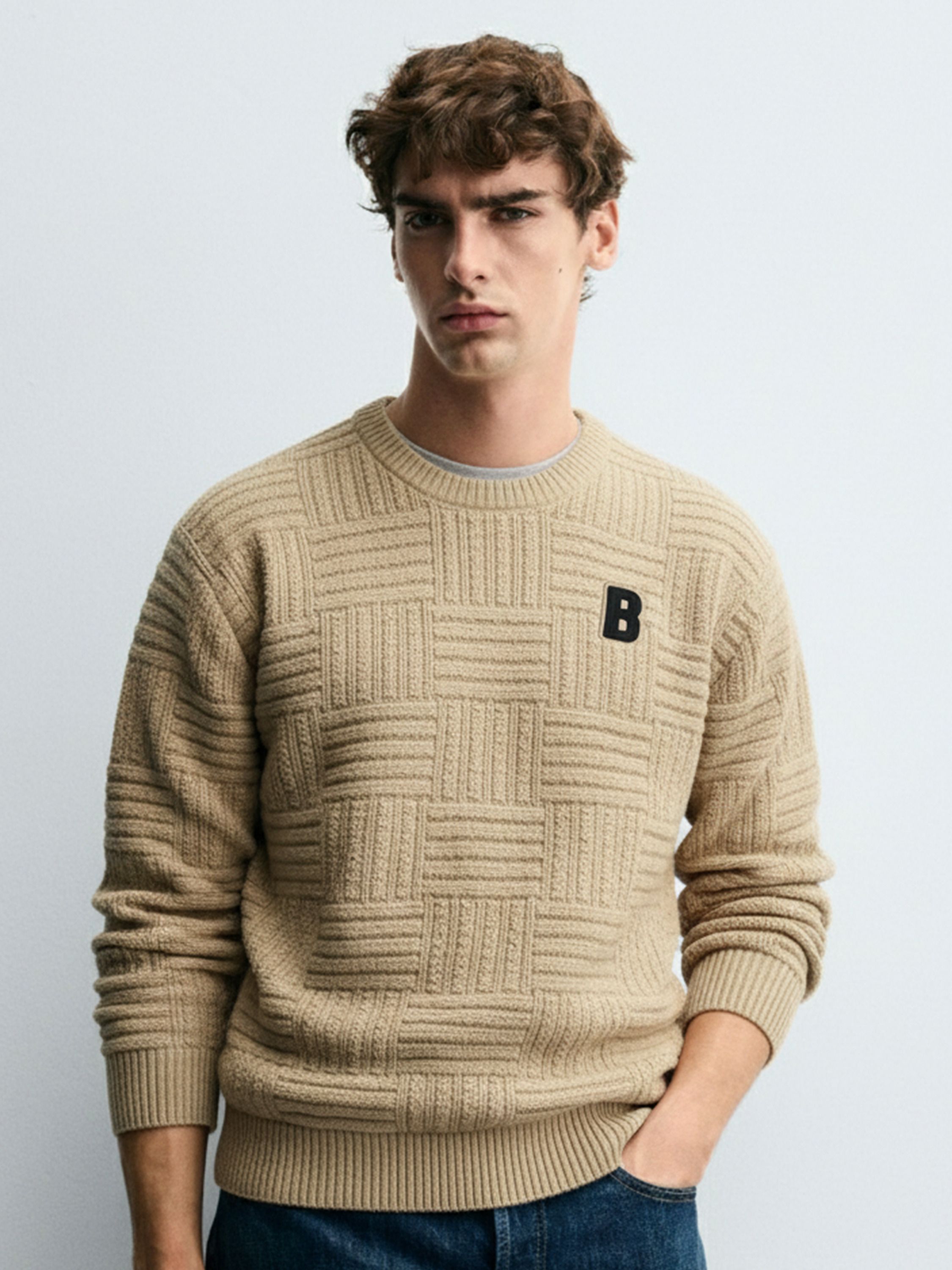 Men Self Design Round Neck Beige Sweater-image-22
