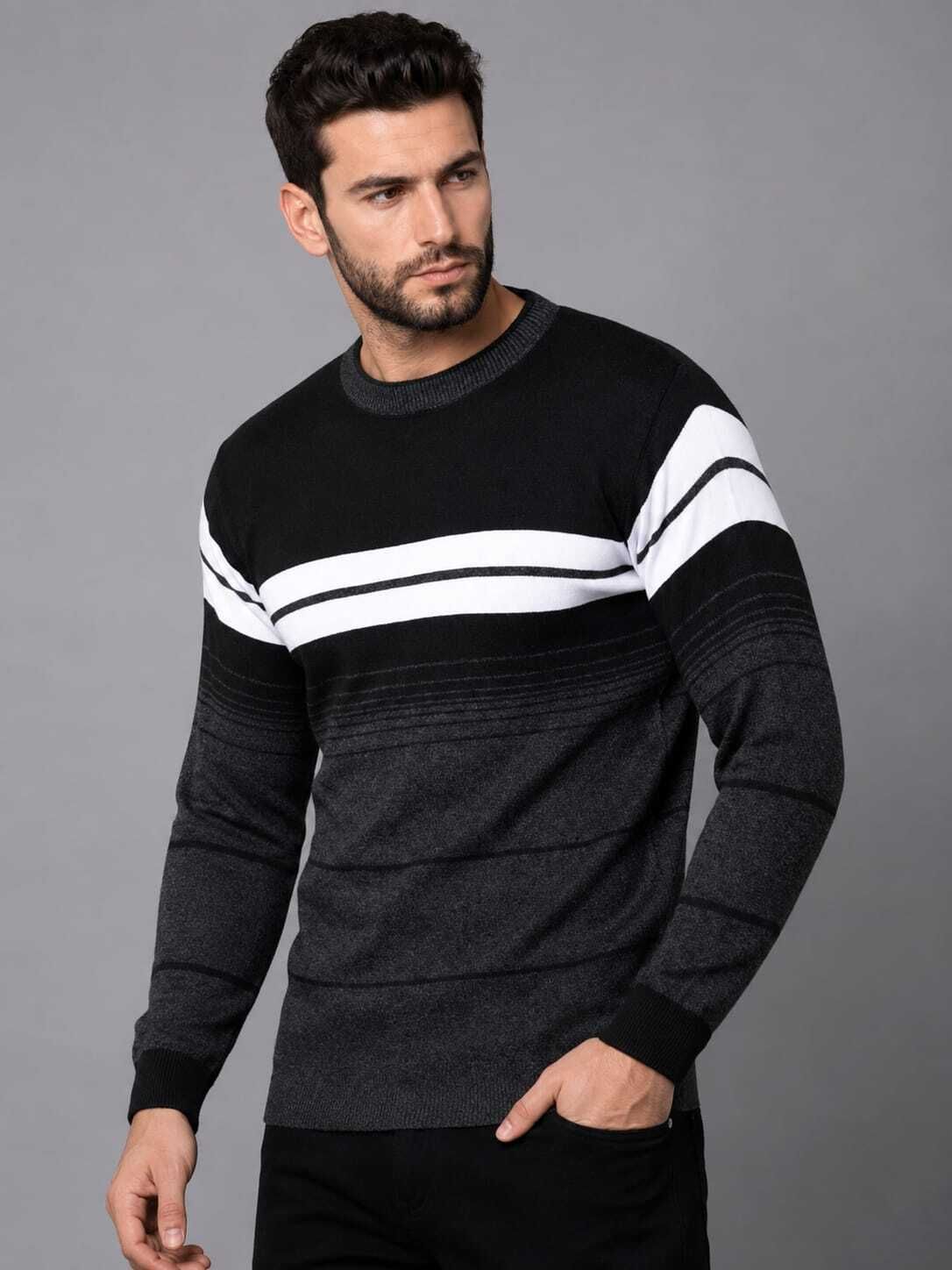 nxtwin Men Striped Crew Neck Grey Sweater-picture-38