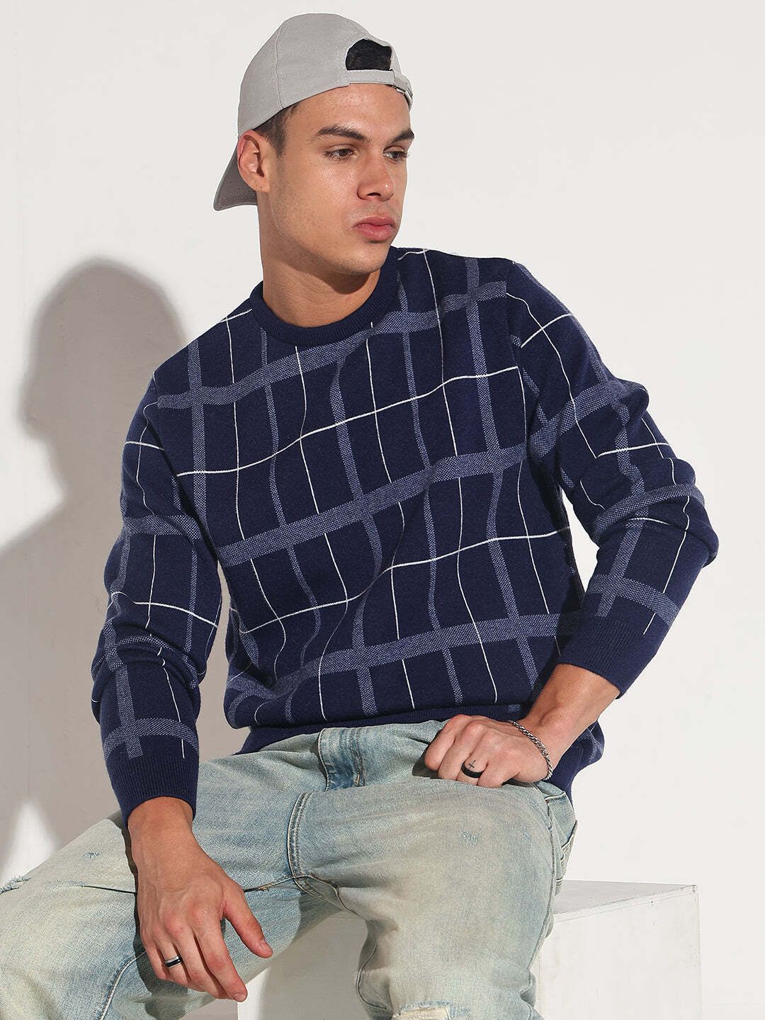 showoffff Men Checkered Round Neck Dark Blue Sweater-picture-14