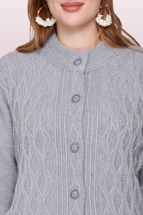 biwu Women Self Design Round Neck Grey Sweater-picture-28
