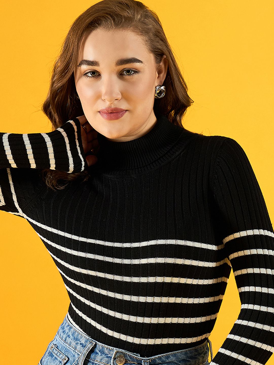 Women Striped High Neck Black Sweater-image-49