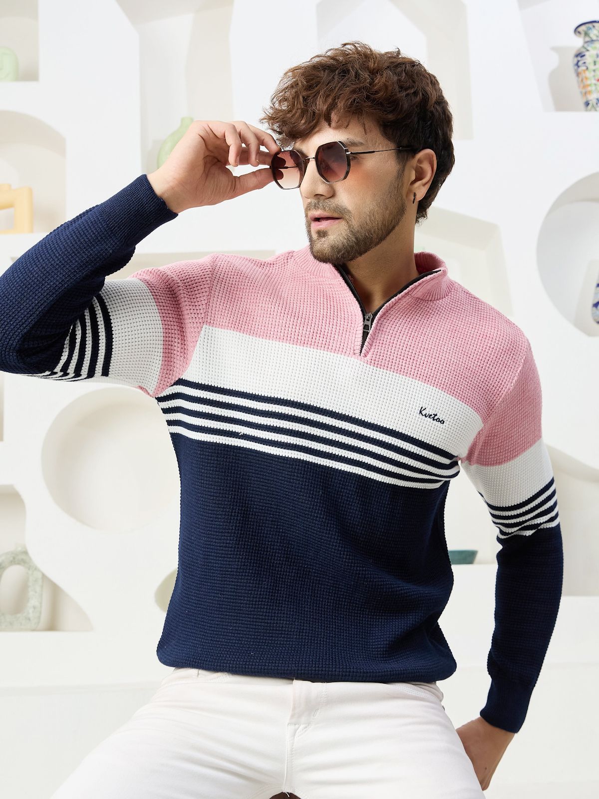 kvetoo Men Colorblock Collared Neck Pink Sweater-picture-27