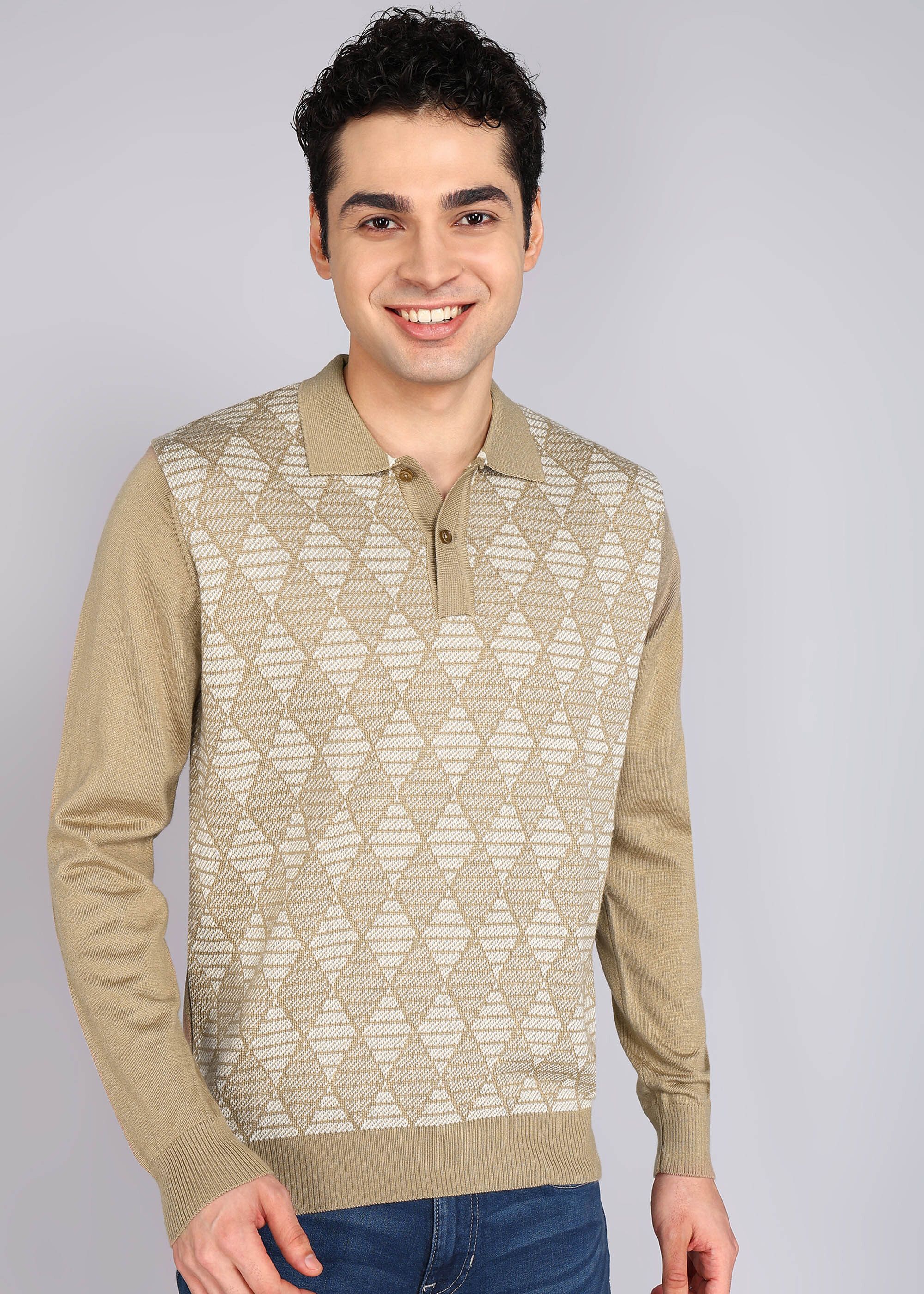 raymond Men Solid Collared Neck Beige Sweater-picture-16