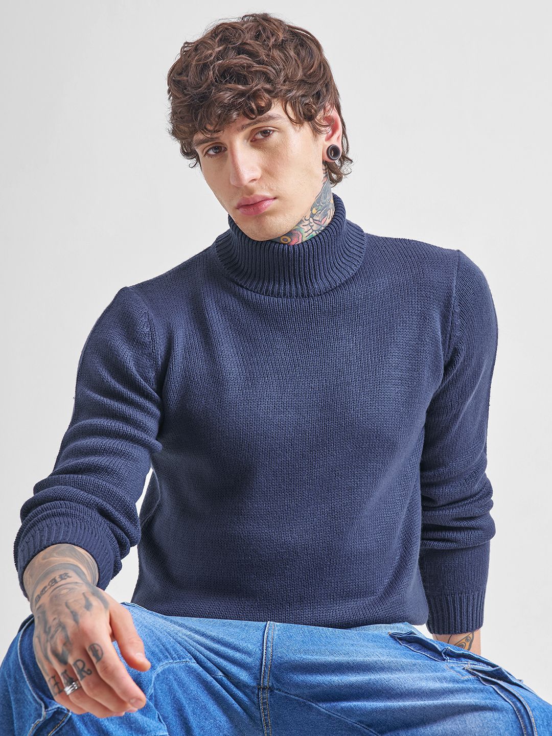 highlander Men Solid Turtle Neck Blue Sweater-picture-38