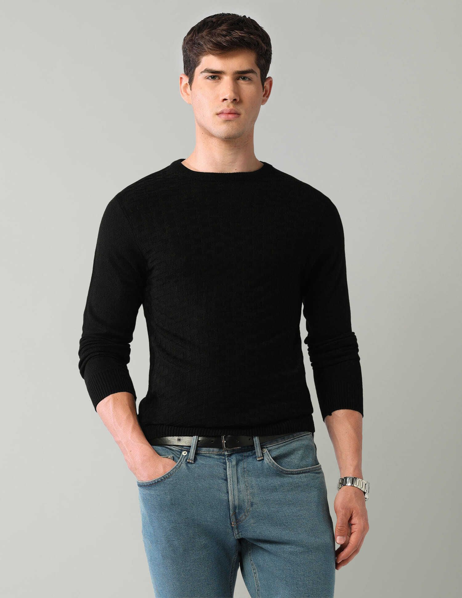 ad by arvind Men Solid Crew Neck Black Sweater-picture-13