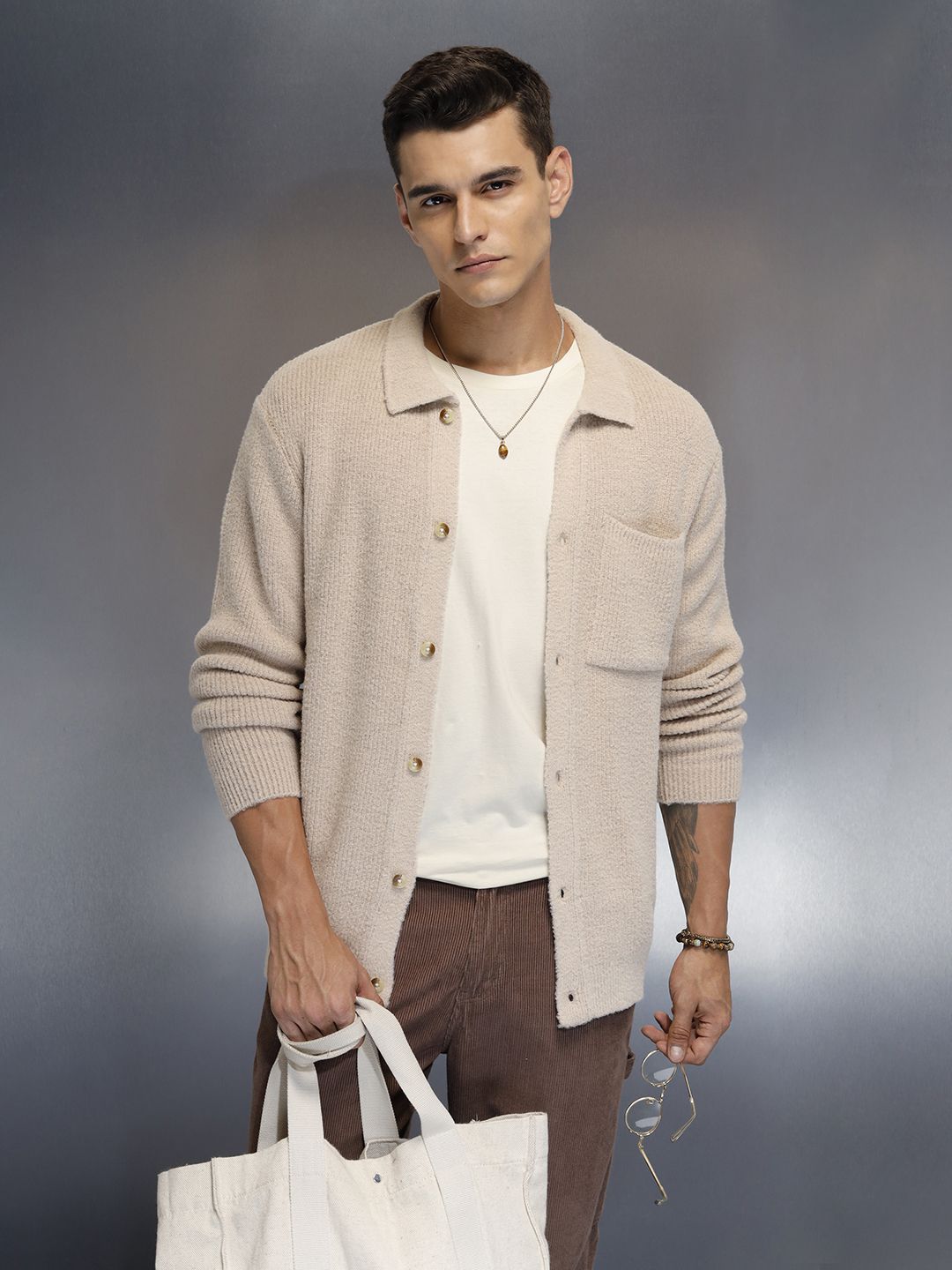 wrogn Men Solid Collared Neck Beige Sweater-picture-13