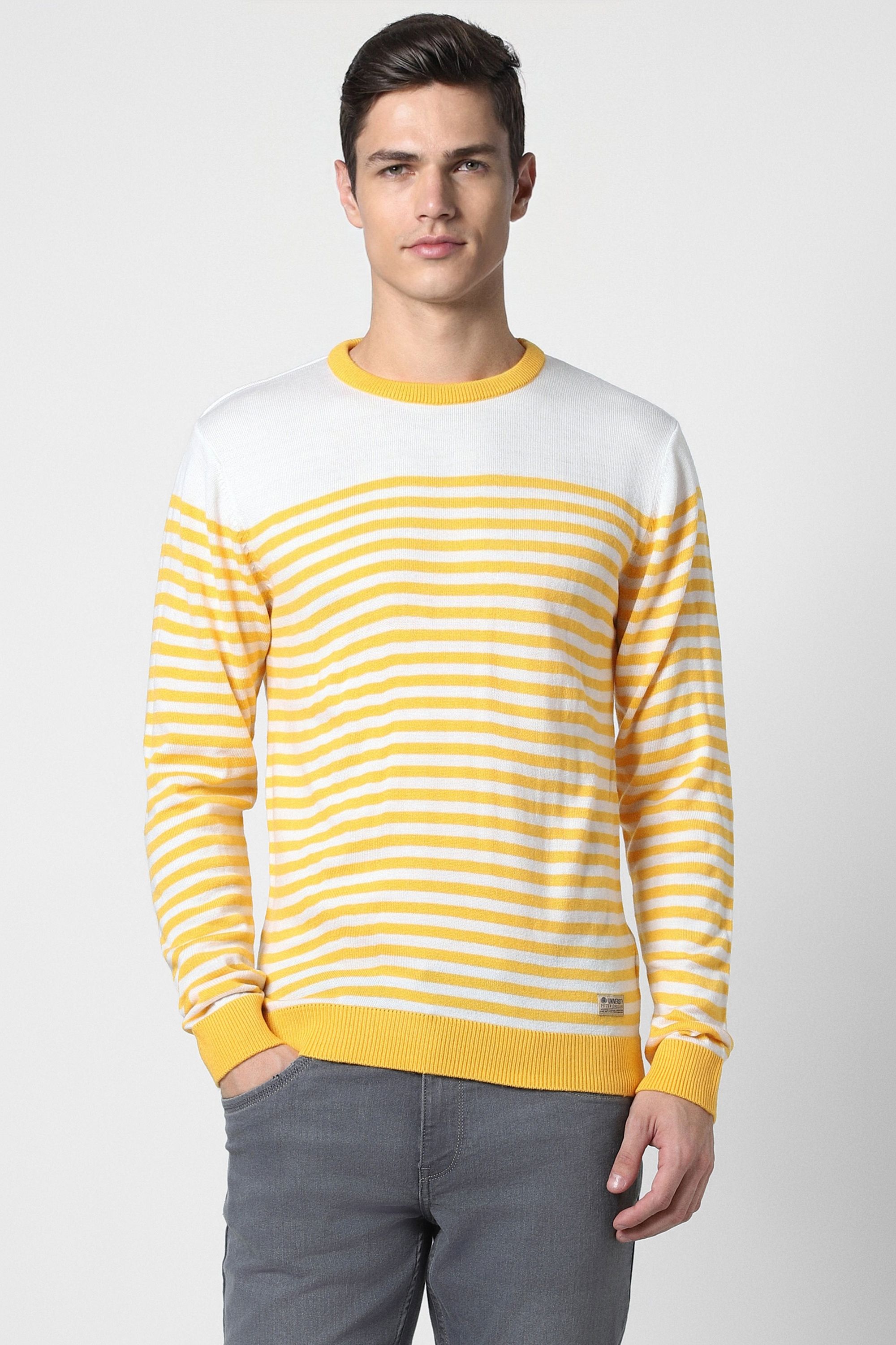 peter england Men Striped Crew Neck Yellow, White Sweater-picture-12