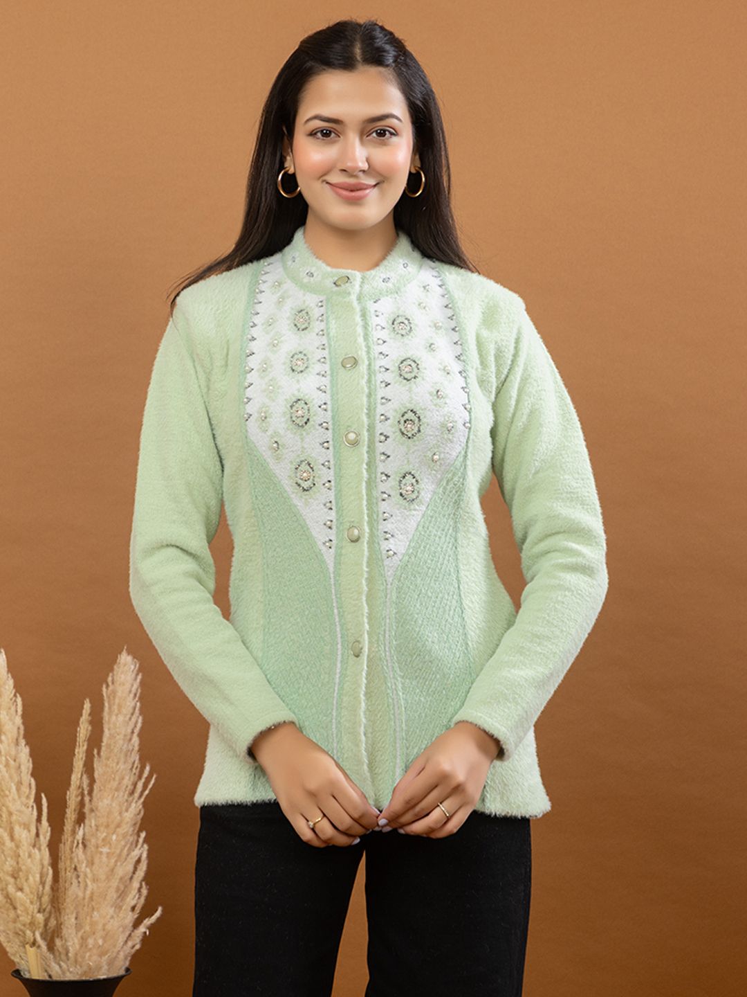 tanisha fashion Women Self Design Mandarin Neck Light Green Sweater-picture-4