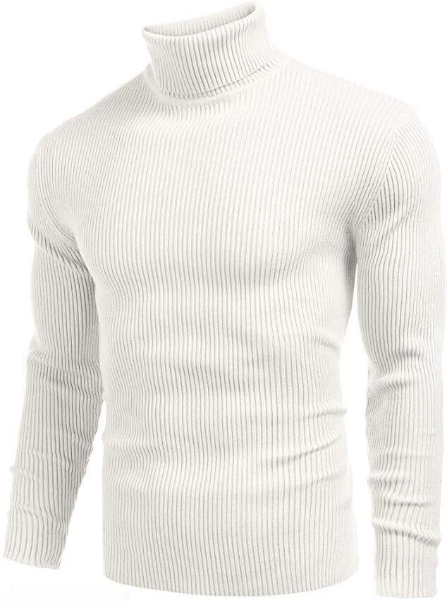 Men Woven High Neck White Sweater