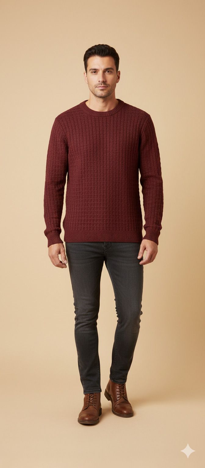 woolberry Men Self Design Round Neck Maroon Sweater-picture-18