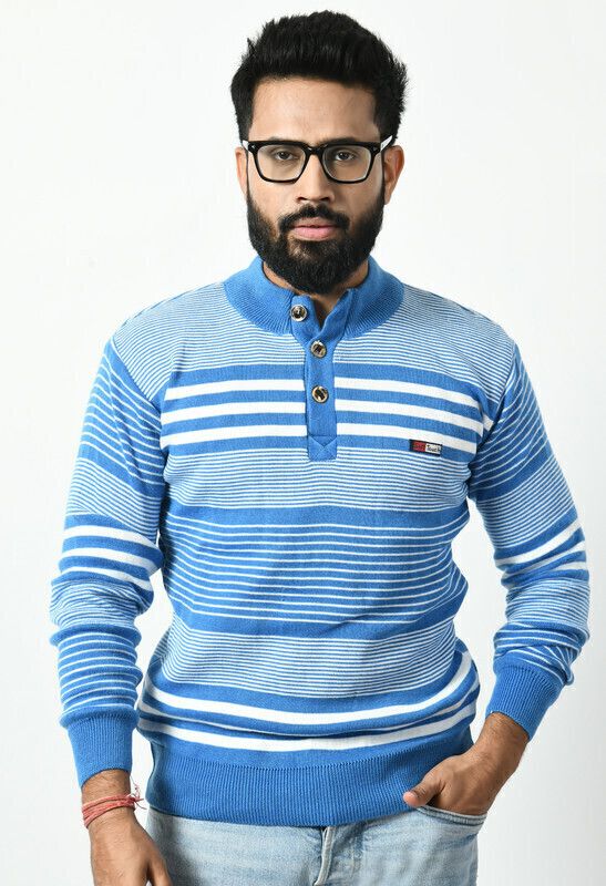 Men Colorblock Turtle Neck Blue Sweater-image-36