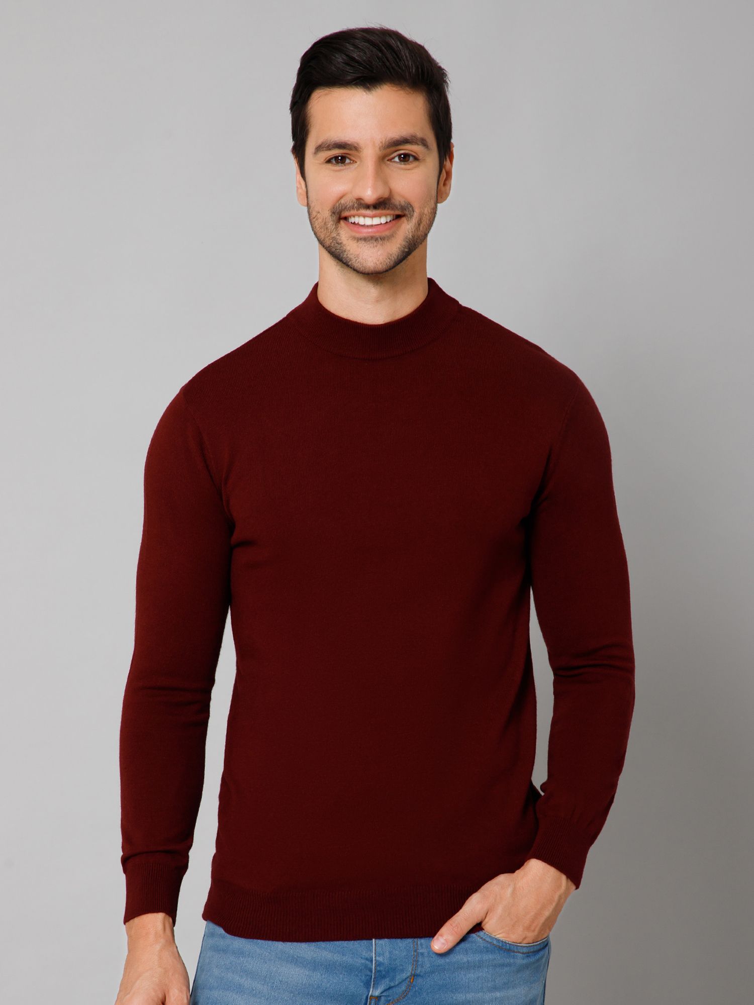cantabil Men Solid Round Neck Maroon Sweater-picture-18