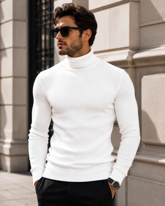 Men Solid High Neck White Sweater-image-1